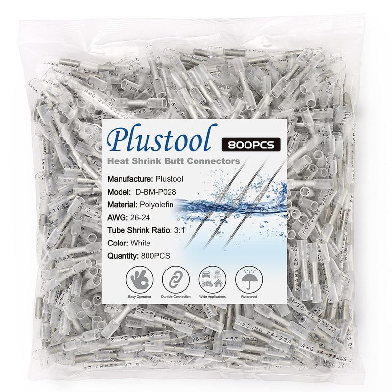 Plustool 800PCS White Heat Shrink Butt Connectors AWG26-22, Marine Grade Electrical Wire Connectors, Tinned Red Copper 0.4mm, Insulated Waterproof Crimp Terminals Butt Splice for Cable,Boat,Wiring - Image 1